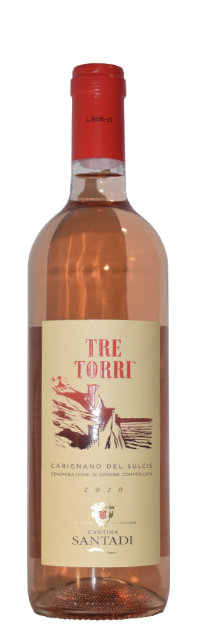 Tre Torri 2020 Rosé sardischer Wein Etikett beige mit roter Schrift und Landschaft